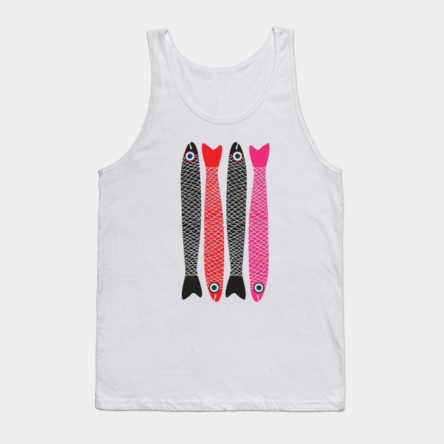 ANCHOVIES Bright Graphic Fun Groovy Fish in Black Red Pink - Vertical Layout - UnBlink Studio by Jackie Tahara Tank Top by UnBlink Studio by Jackie Tahara